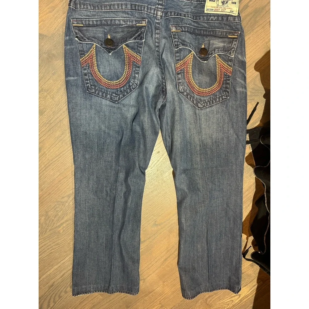 True Religion Men's Embroidered Distressed Joey Super T Blue Denim JeansSz38x30